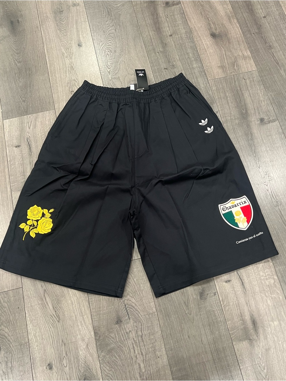 Willy Chavarria/adidas Black Athletic Shorts with Yellow Rose and Crest